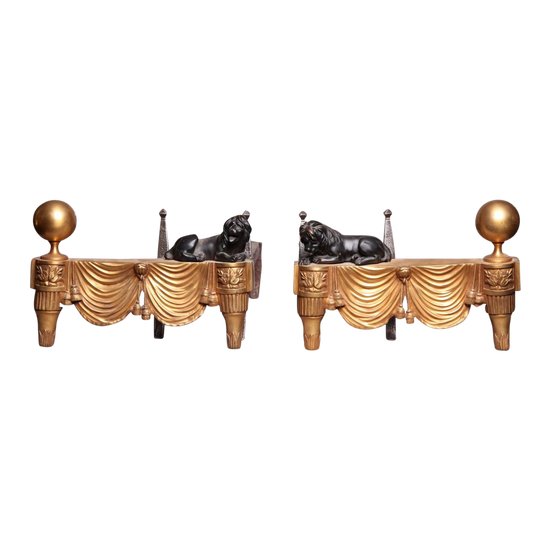 Pair Of Old Andirons In Golden Bonze With Lions 19th