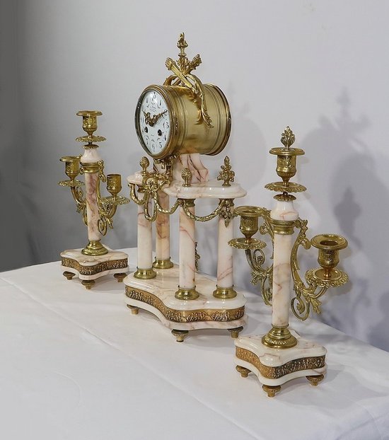 Marble and Bronze Fireplace Set, Louis XVI – 19th Style