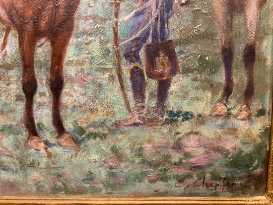 Tableau, peinture de Hussards signée Chepfer