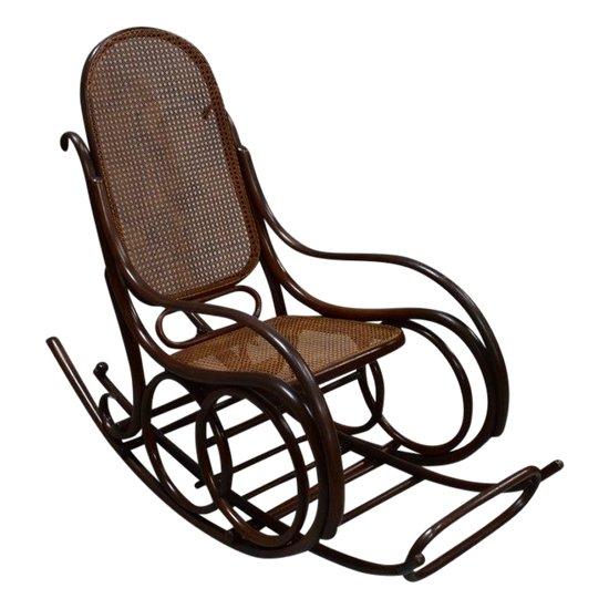 Sedia a dondolo e poggiapiedi in legno di faggio, spirito Thonet - 1900