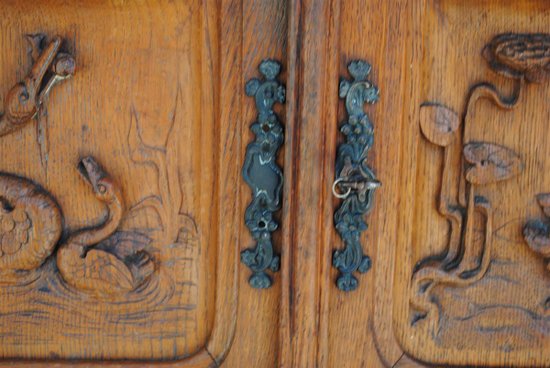 Carrello portavivande Art Nouveau in quercia con decoro Aironi