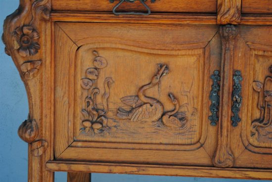 Carrello portavivande Art Nouveau in quercia con decoro Aironi