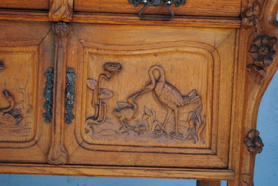 Carrello portavivande Art Nouveau in quercia con decoro Aironi
