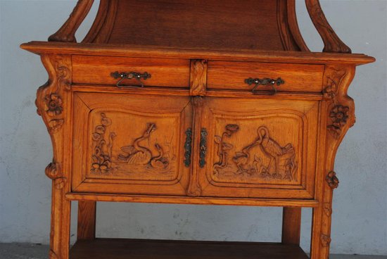 Carrello portavivande Art Nouveau in quercia con decoro Aironi