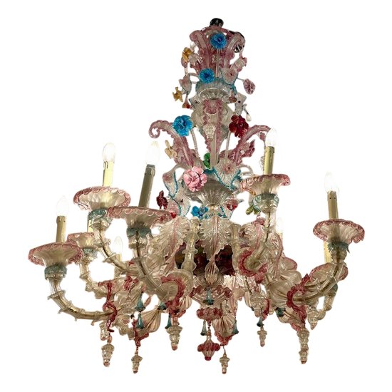 Lustre Murano « rezzonico » à Dominante Bleu Et Rose, XXe Siècle.