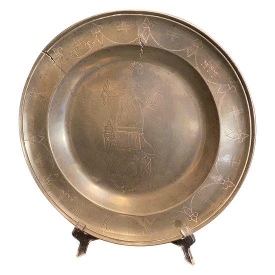 18th century pewter dish representing Saint Barbara