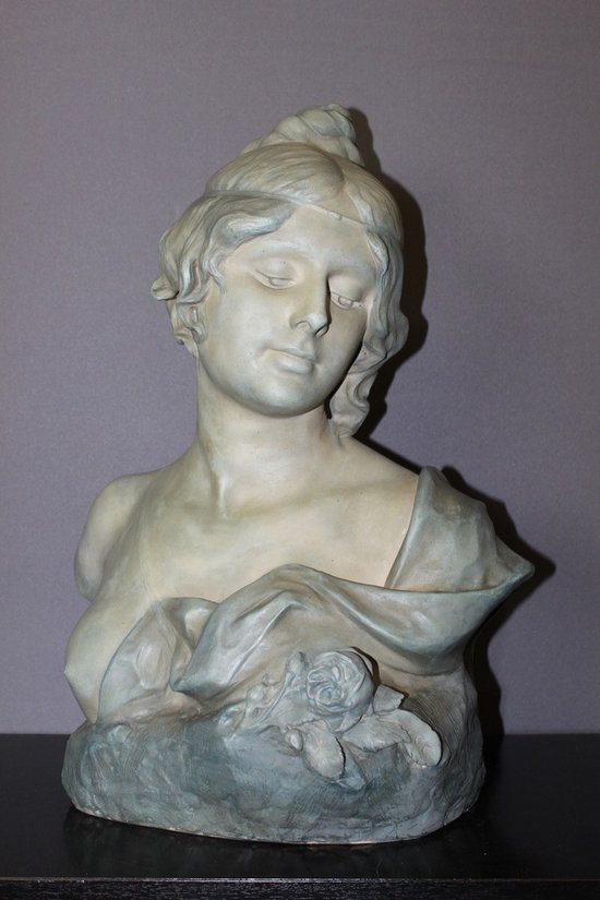 Buste De Jeune Femme En Céramique à Patine Bleu Vert Signé Bernstamm édition Emile Muller 
