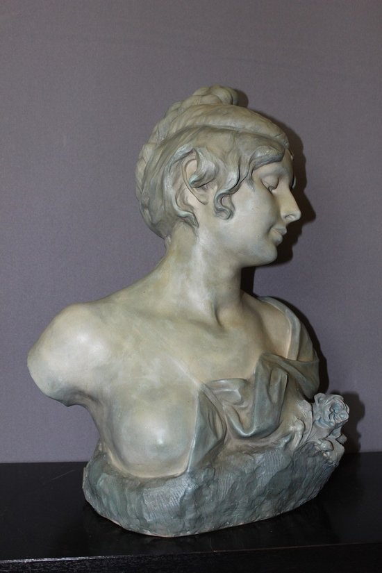 Buste De Jeune Femme En Céramique à Patine Bleu Vert Signé Bernstamm édition Emile Muller 