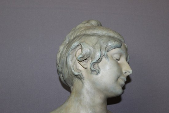 Buste De Jeune Femme En Céramique à Patine Bleu Vert Signé Bernstamm édition Emile Muller 