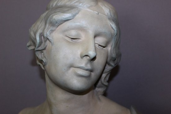 Buste De Jeune Femme En Céramique à Patine Bleu Vert Signé Bernstamm édition Emile Muller 