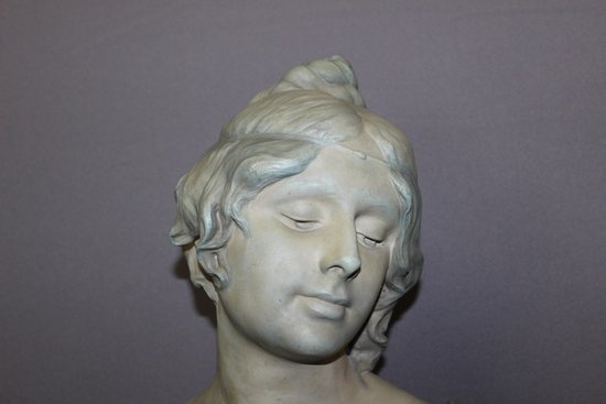 Buste De Jeune Femme En Céramique à Patine Bleu Vert Signé Bernstamm édition Emile Muller 