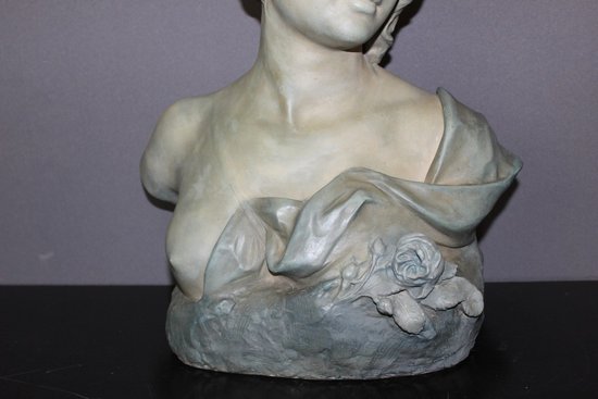 Buste De Jeune Femme En Céramique à Patine Bleu Vert Signé Bernstamm édition Emile Muller 