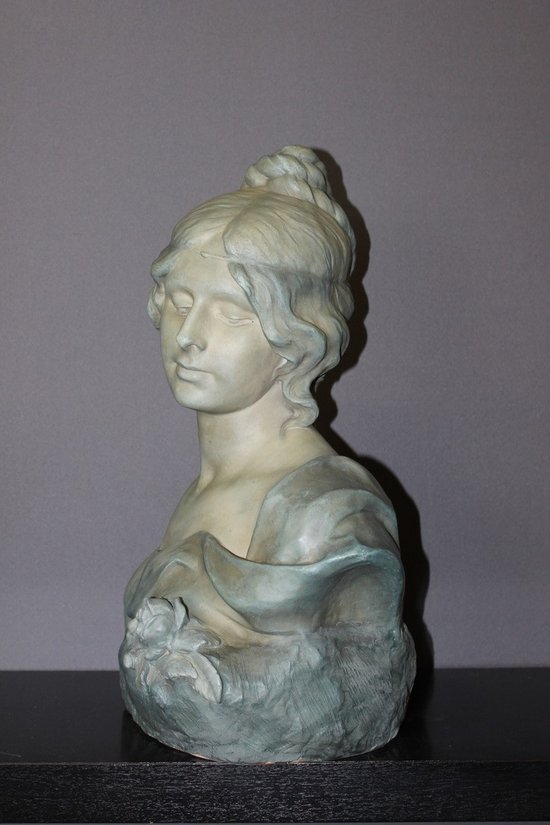 Buste De Jeune Femme En Céramique à Patine Bleu Vert Signé Bernstamm édition Emile Muller 
