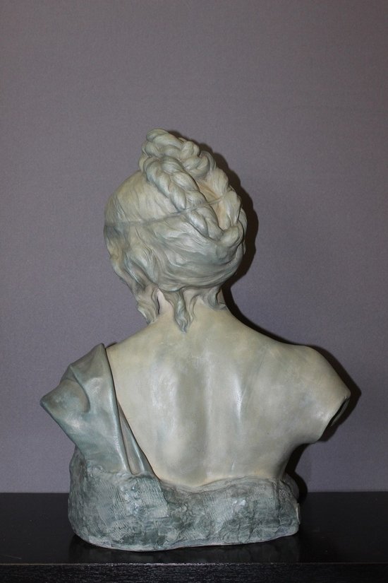 Buste De Jeune Femme En Céramique à Patine Bleu Vert Signé Bernstamm édition Emile Muller 
