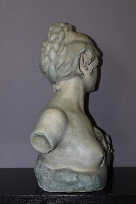 Buste De Jeune Femme En Céramique à Patine Bleu Vert Signé Bernstamm édition Emile Muller 