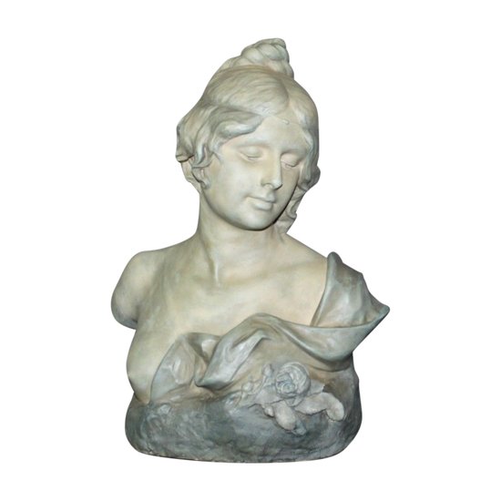 Busto di giovane donna in ceramica con patina verde blu firmato Bernstamm edizione Emile Muller