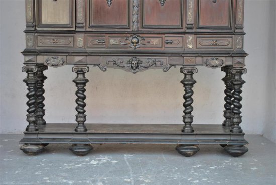 Important Cabinet Bois Noirci Style Renaissance Colonnes XIXème