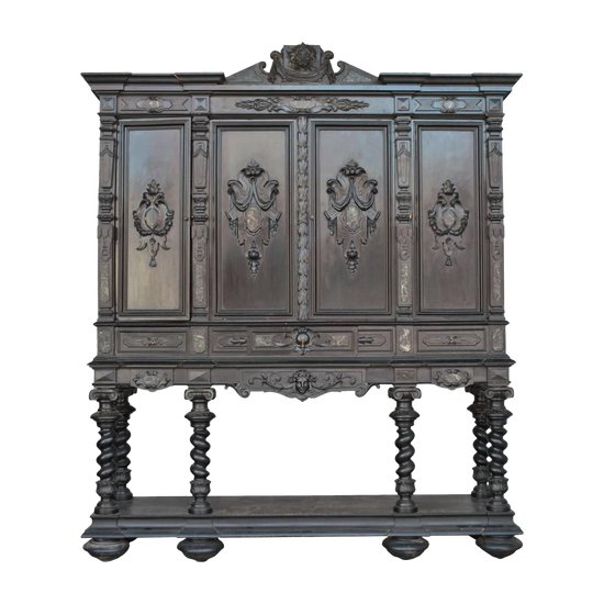 Important Cabinet Bois Noirci Style Renaissance Colonnes XIXème