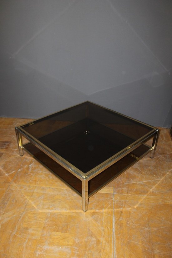 Table basse carré en chrome et laiton vers 1970