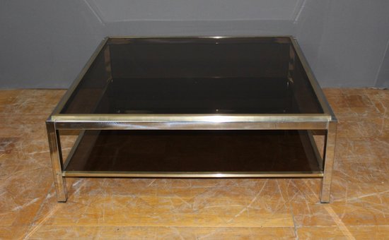 Table basse carré en chrome et laiton vers 1970