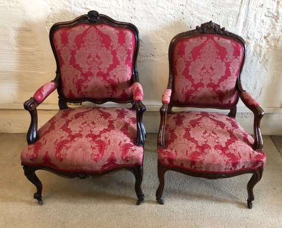 False Pair Of Louis XV Style Armchairs, 19th Century
