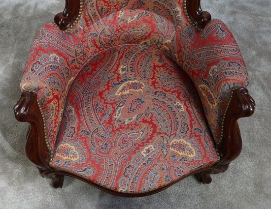 Piccola Bergère in mogano in stile Luigi XV, periodo Napoleone III - Metà del XIX secolo