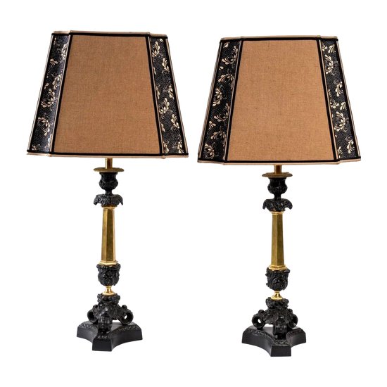 Pair Of Lamps - Candelabras Bronze Double Patina - Lampshades Fabric - Period : XIXth Century