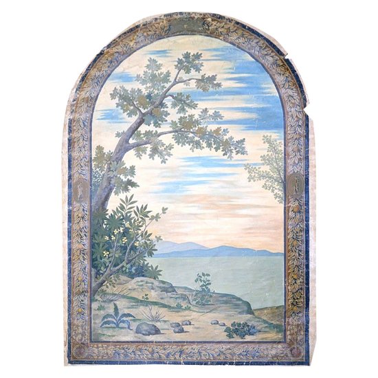 Large Painted Canvas Trompe l'oeil Late 19th Century Representing A Mediterranean Lake Landscape.