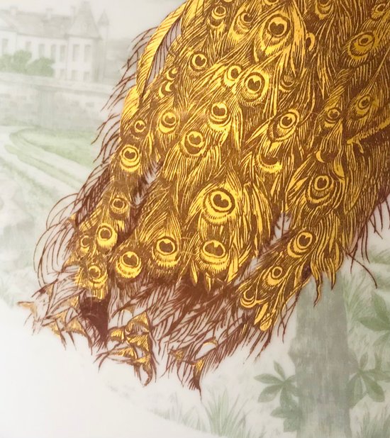 Piatto tondo L.Bernardaud et Cie Limoges "uccelli d'oro" Pavone domestico