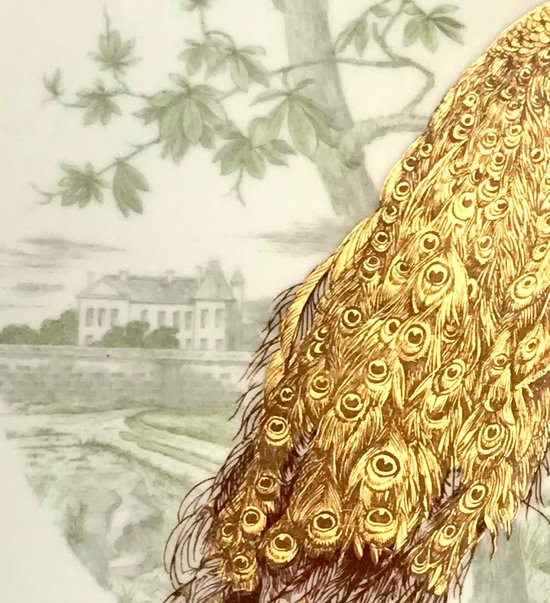 Piatto tondo L.Bernardaud et Cie Limoges "uccelli d'oro" Pavone domestico