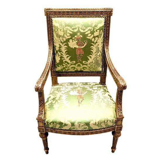 Poltrona In Legno Dorato Stile XIX Luigi XVI Rifoderata Con Un Tessuto Di Chez Rubelli