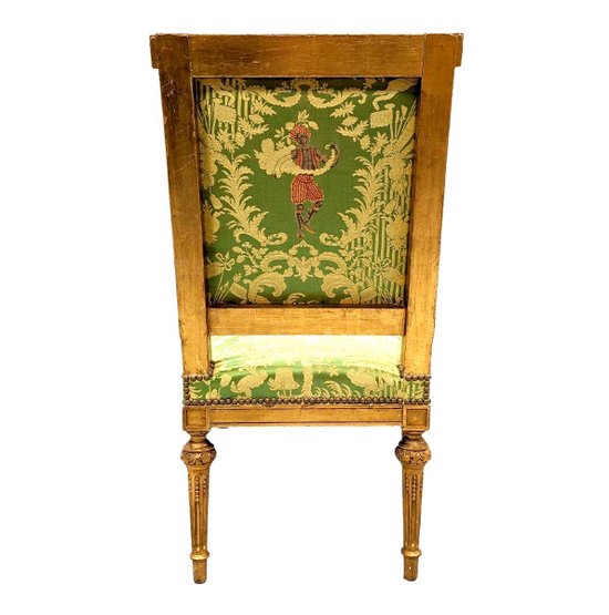 Poltrona In Legno Dorato Stile XIX Luigi XVI Rifoderata Con Un Tessuto Di Chez Rubelli