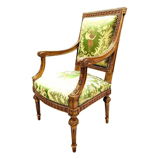 Poltrona In Legno Dorato Stile XIX Luigi XVI Rifoderata Con Un Tessuto Di Chez Rubelli