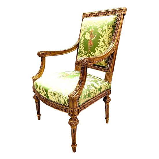 Armchair In Golden Wood XIX Louis XVI Style Reupholstered With A Fabric From Chez Rubelli