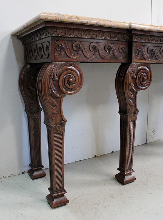 Large console table in solid mahogany and marble top, Louis XVI style - Late 19th century