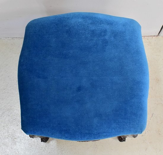 Blue Velvet and Rosewood Stool, Adjustable Height, Louis XV Style, Napoleon III Period - 19th Century