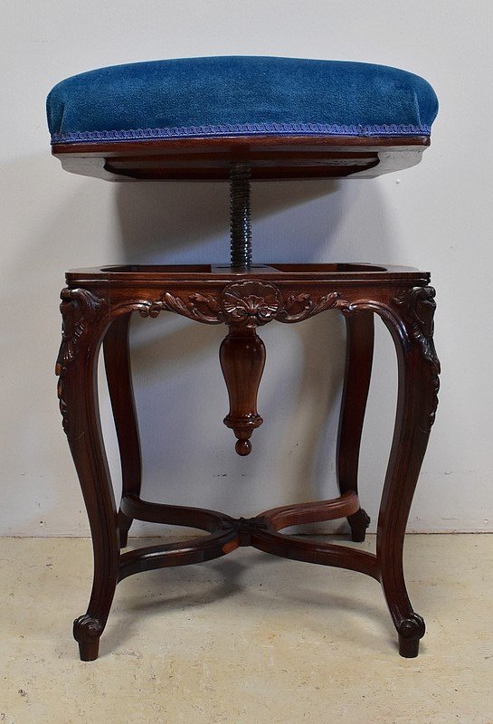 Blue Velvet and Rosewood Stool, Adjustable Height, Louis XV Style, Napoleon III Period - 19th Century