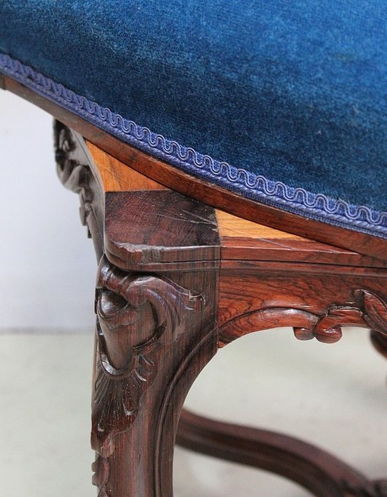 Blue Velvet and Rosewood Stool, Adjustable Height, Louis XV Style, Napoleon III Period - 19th Century