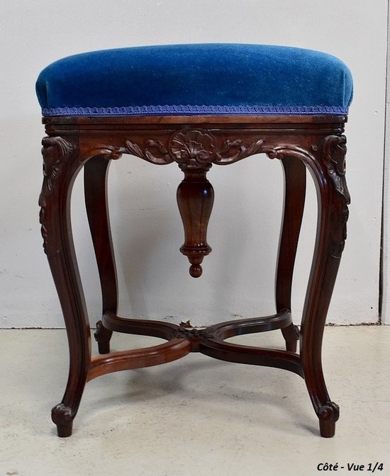 Blue Velvet and Rosewood Stool, Adjustable Height, Louis XV Style, Napoleon III Period - 19th Century