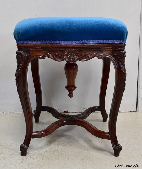 Blue Velvet and Rosewood Stool, Adjustable Height, Louis XV Style, Napoleon III Period - 19th Century