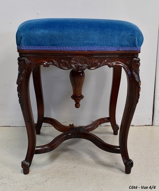 Blue Velvet and Rosewood Stool, Adjustable Height, Louis XV Style, Napoleon III Period - 19th Century