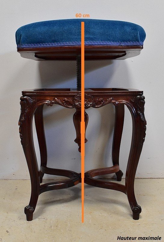 Blue Velvet and Rosewood Stool, Adjustable Height, Louis XV Style, Napoleon III Period - 19th Century