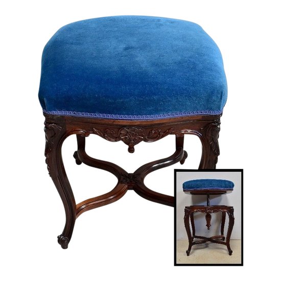 Blue Velvet and Rosewood Stool, Adjustable Height, Louis XV Style, Napoleon III Period - 19th Century