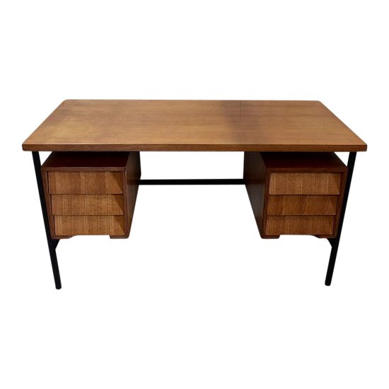 Scrivania impiallacciata in rovere e base in metallo - anni '40/'50
