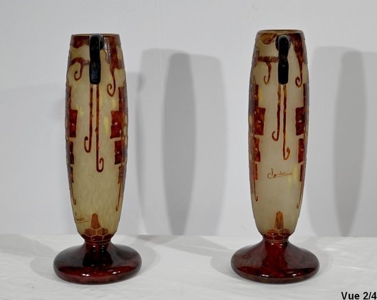 Paar Vasen aus „französischem Glas“, signiert Charder, Art Deco - 1927