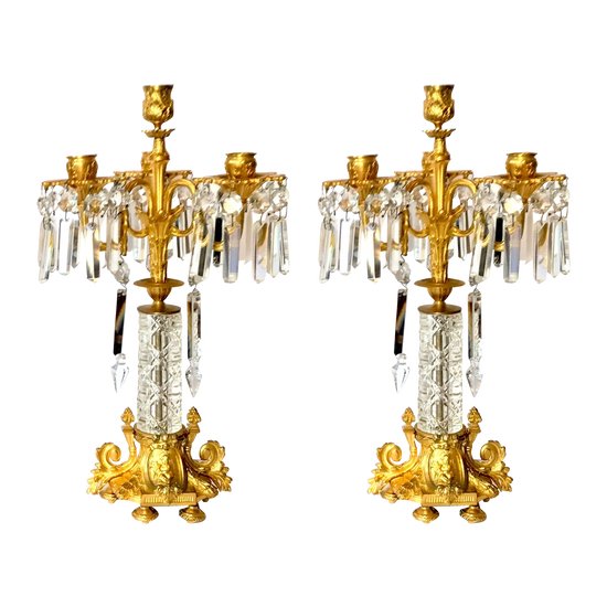 Paire de candélabres chandeliers en bronze doré et cristal 19ème