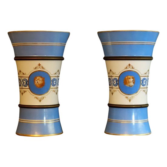 Pair Of Important Opaline Cornets Vases 1830