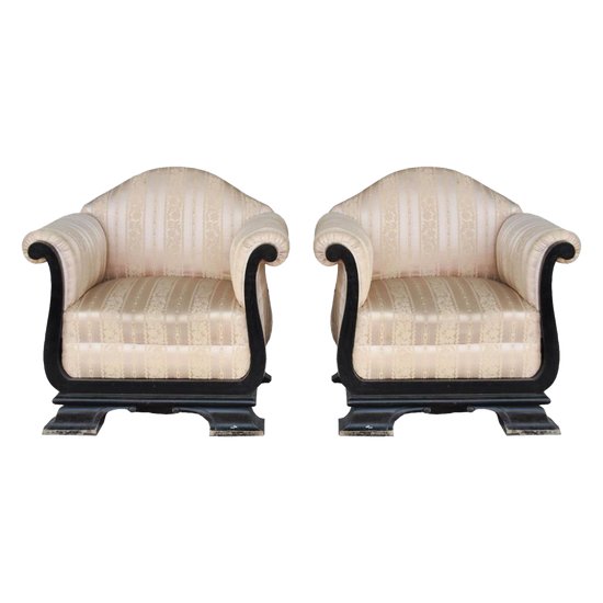 Paire De Fauteuil Art Deco Bois Noirci Et Soierie