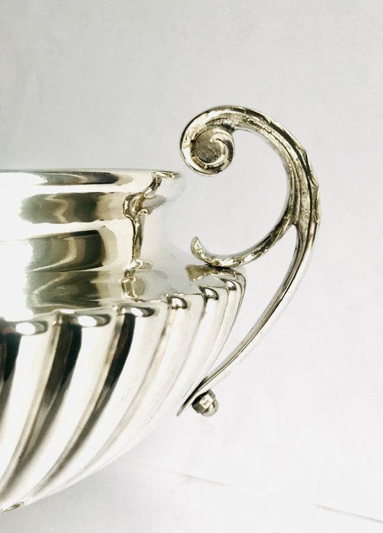 Centre de table coupe en faïence argenté et maillechort XXème