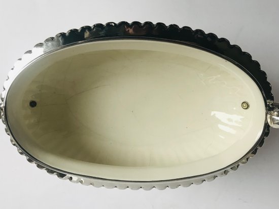 Centre de table coupe en faïence argenté et maillechort XXème